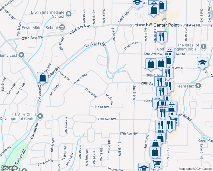 map of restaurants, bars, coffee shops, grocery stores, and more near 324 Tupelo Road in Center Point