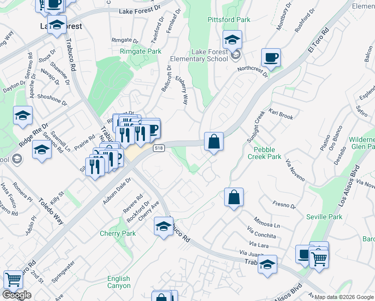 map of restaurants, bars, coffee shops, grocery stores, and more near 26091 Hillsford Place in Lake Forest
