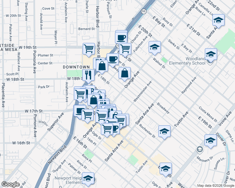map of restaurants, bars, coffee shops, grocery stores, and more near 187 East 18th Street in Costa Mesa
