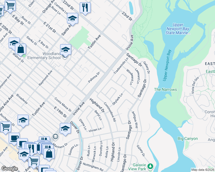 map of restaurants, bars, coffee shops, grocery stores, and more near 1724 Tradewinds Lane in Newport Beach