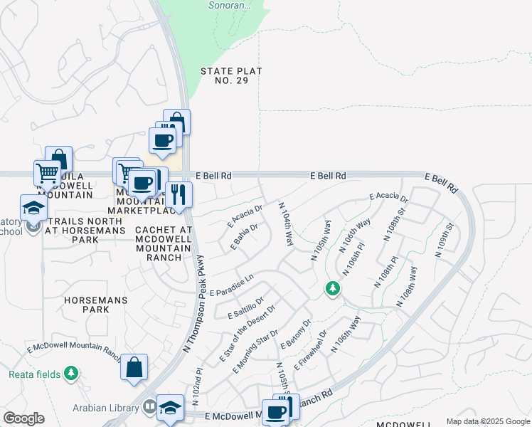 map of restaurants, bars, coffee shops, grocery stores, and more near 16601 North 104th Street in Scottsdale
