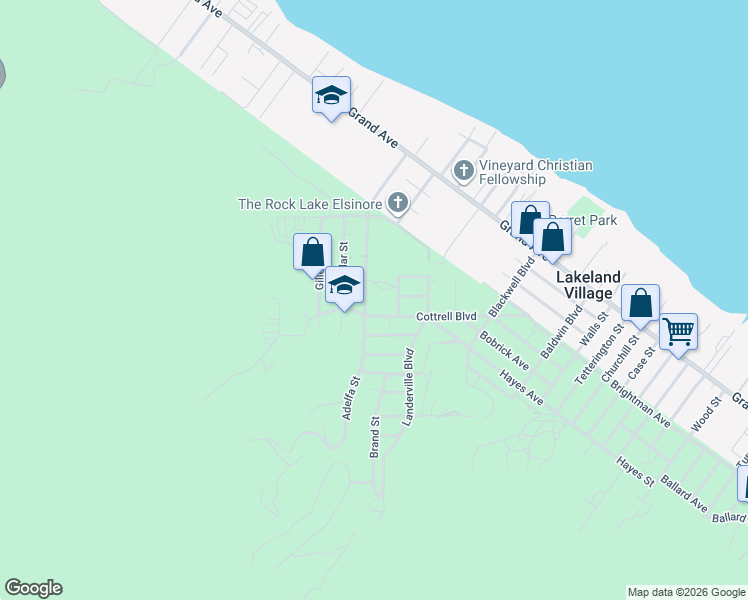map of restaurants, bars, coffee shops, grocery stores, and more near 33238 Adelfa Street in Lake Elsinore