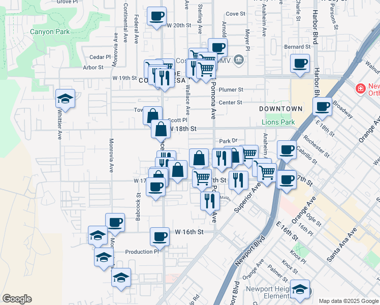 map of restaurants, bars, coffee shops, grocery stores, and more near 745 Shalimar Drive in Costa Mesa