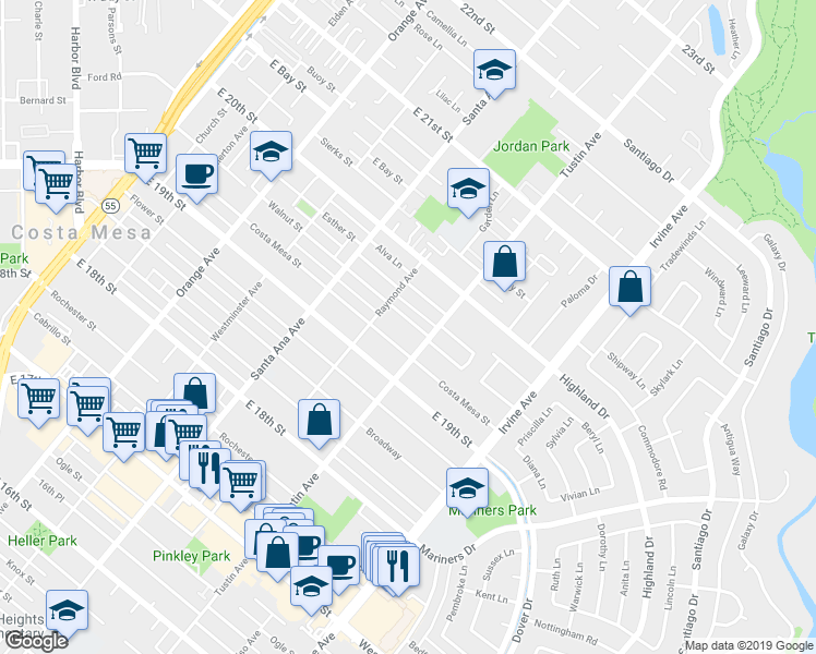 map of restaurants, bars, coffee shops, grocery stores, and more near 379 Walnut Street in Costa Mesa