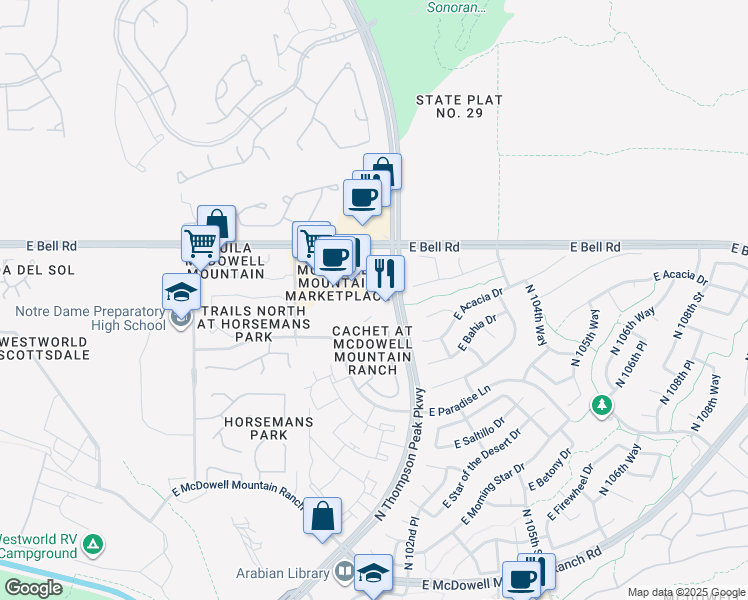 map of restaurants, bars, coffee shops, grocery stores, and more near 16600 North Thompson Peak Parkway in Scottsdale