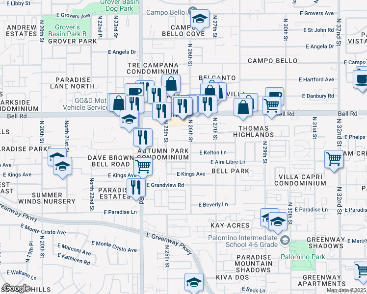 map of restaurants, bars, coffee shops, grocery stores, and more near 16621 North 25th Street in Phoenix