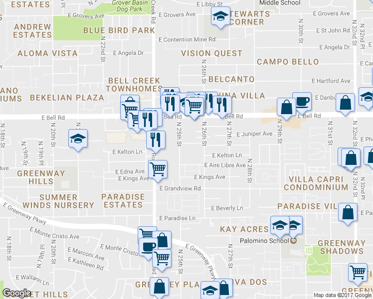 map of restaurants, bars, coffee shops, grocery stores, and more near 16621 North 25th Street in Phoenix
