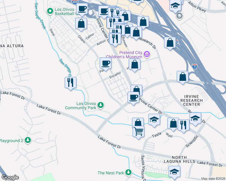 map of restaurants, bars, coffee shops, grocery stores, and more near 134 Lomita in Irvine