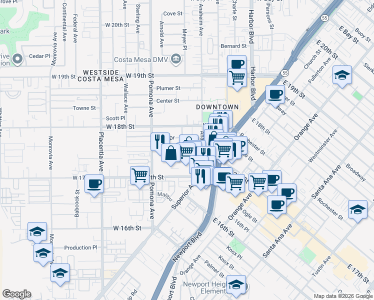 map of restaurants, bars, coffee shops, grocery stores, and more near 8 Terminal Way in Costa Mesa