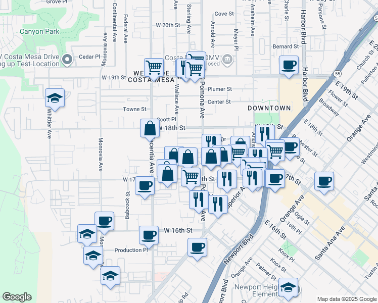 map of restaurants, bars, coffee shops, grocery stores, and more near 1725 Pomona Avenue in Costa Mesa