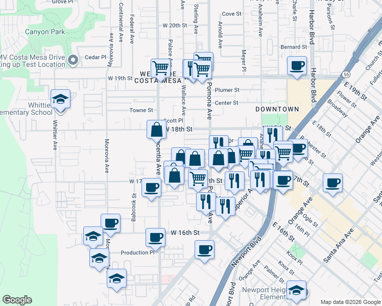 map of restaurants, bars, coffee shops, grocery stores, and more near 1725 Pomona Avenue in Costa Mesa
