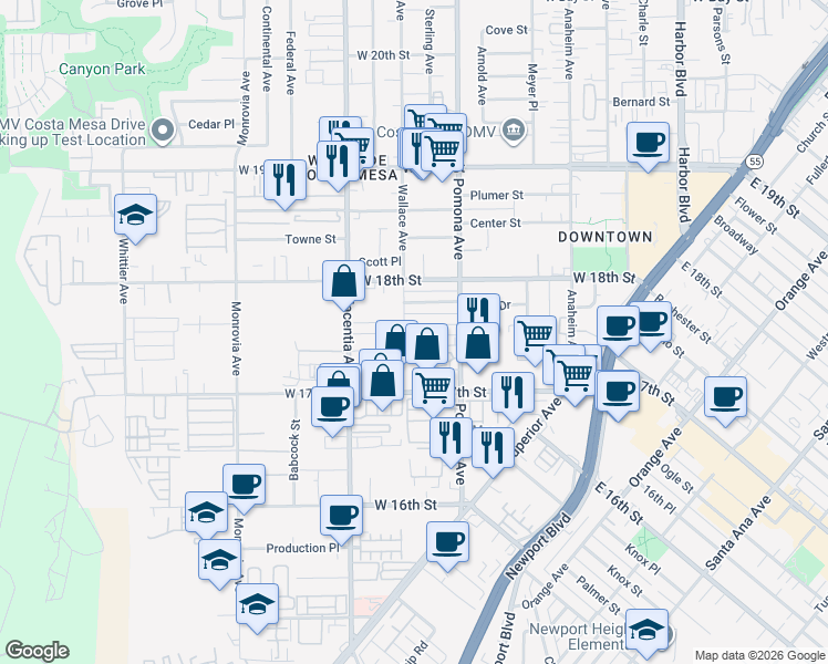 map of restaurants, bars, coffee shops, grocery stores, and more near 757 Newton Way in Costa Mesa