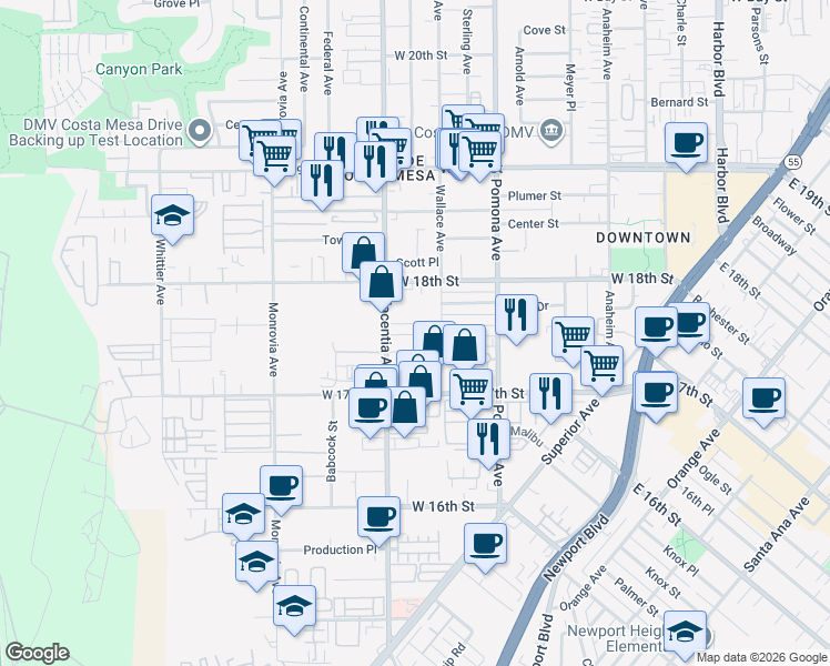 map of restaurants, bars, coffee shops, grocery stores, and more near 1738 Placentia Avenue in Costa Mesa