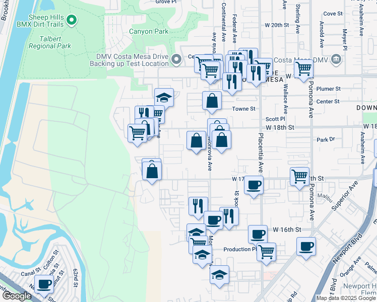 map of restaurants, bars, coffee shops, grocery stores, and more near 1725 Monrovia Avenue in Costa Mesa