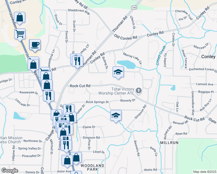 map of restaurants, bars, coffee shops, grocery stores, and more near 1182 Evelyn Drive in Forest Park