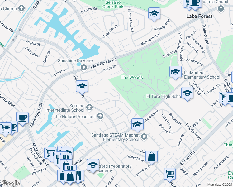 map of restaurants, bars, coffee shops, grocery stores, and more near 24832 Forest Knoll Lane in Lake Forest