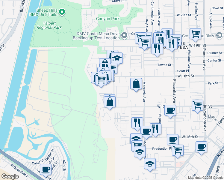 map of restaurants, bars, coffee shops, grocery stores, and more near 1720 Whittier Avenue in Costa Mesa