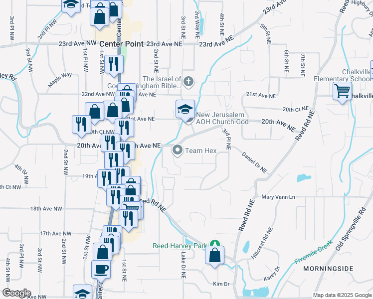 map of restaurants, bars, coffee shops, grocery stores, and more near 309 Ginger Drive Northeast in Center Point