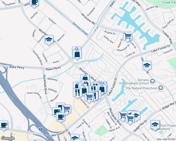 map of restaurants, bars, coffee shops, grocery stores, and more near 24001 Muirlands Boulevard in Lake Forest