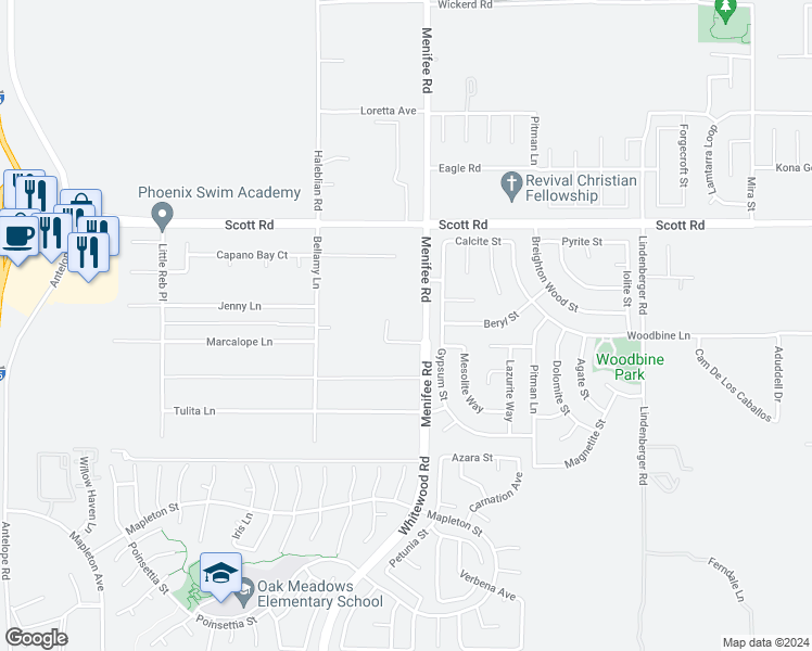 map of restaurants, bars, coffee shops, grocery stores, and more near 28870 Broken Arrow Circle in Menifee