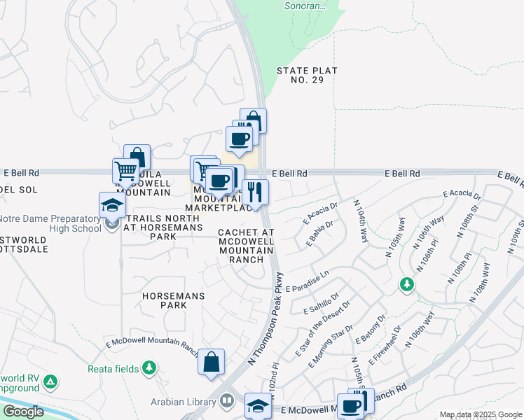 map of restaurants, bars, coffee shops, grocery stores, and more near North Thompson Peak Parkway in Scottsdale