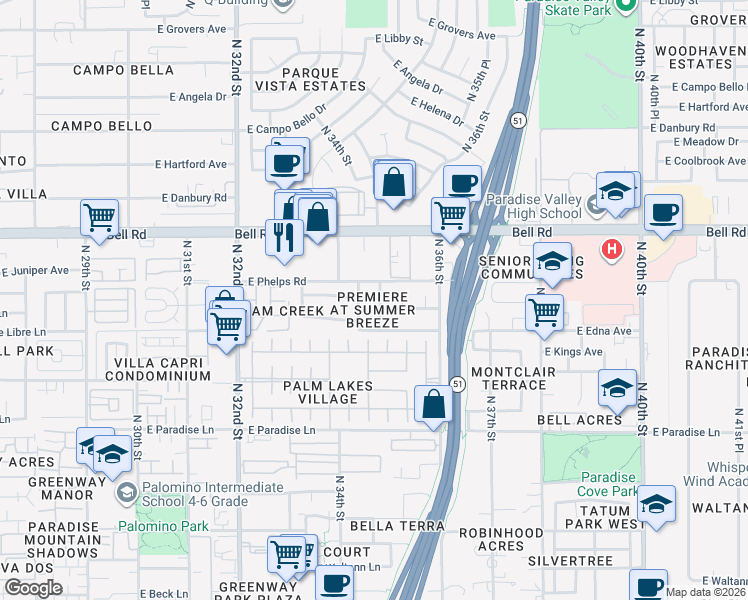 map of restaurants, bars, coffee shops, grocery stores, and more near 16609 North 34th Place in Phoenix