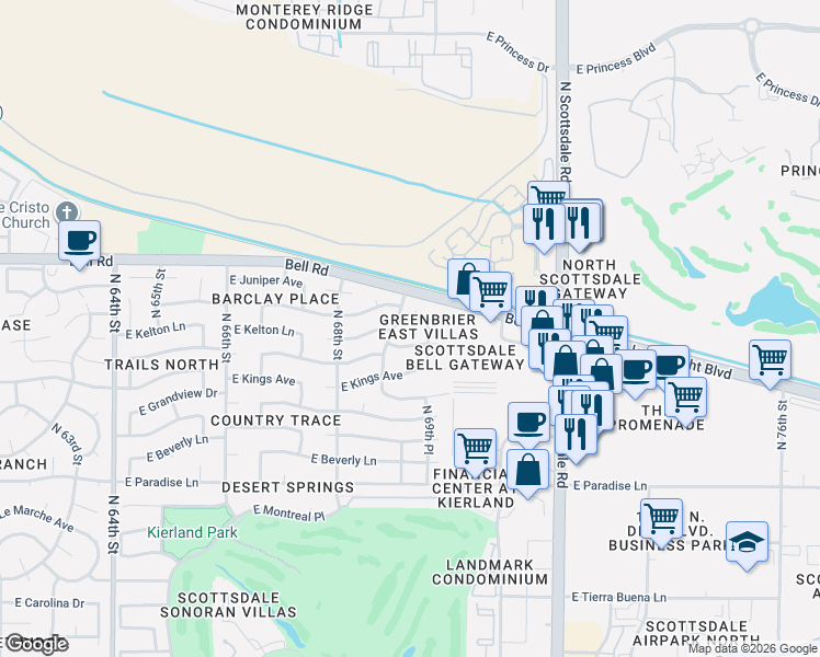 map of restaurants, bars, coffee shops, grocery stores, and more near 6865 East Kelton Lane in Scottsdale