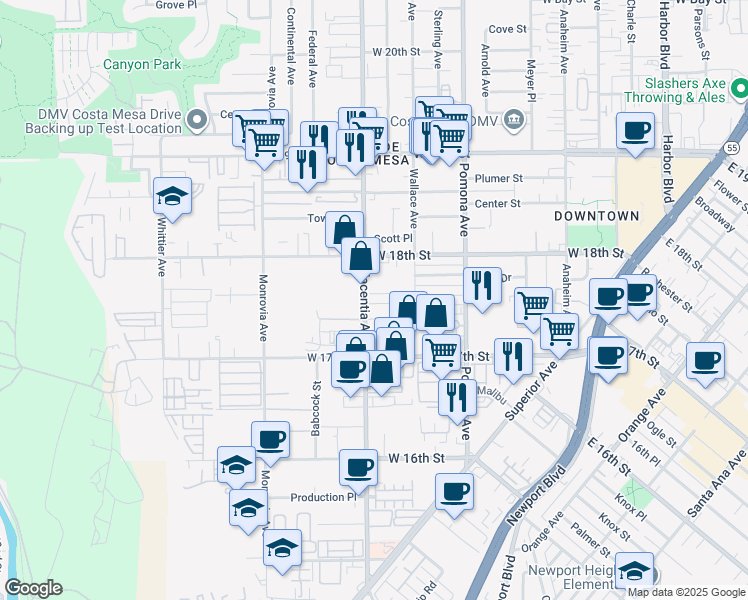 map of restaurants, bars, coffee shops, grocery stores, and more near 1738 Placentia Avenue in Costa Mesa