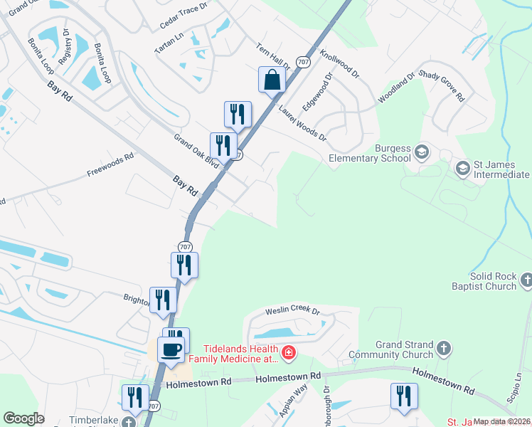 map of restaurants, bars, coffee shops, grocery stores, and more near 6332 Circle Lane in Myrtle Beach