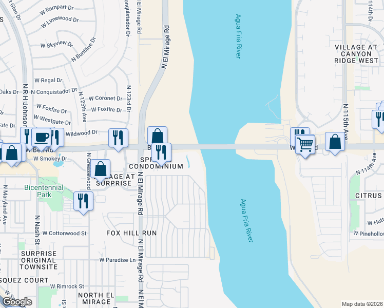 map of restaurants, bars, coffee shops, grocery stores, and more near 12123 West Bell Road in Surprise