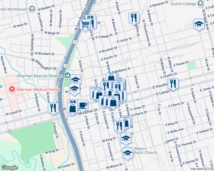 map of restaurants, bars, coffee shops, grocery stores, and more near 125 North Travis Street in Sherman