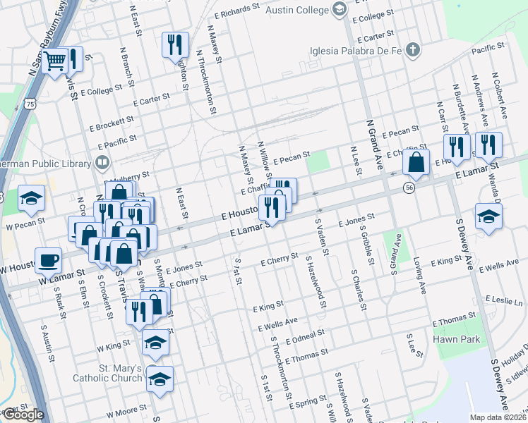 map of restaurants, bars, coffee shops, grocery stores, and more near 801 East Lamar Street in Sherman