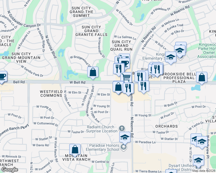 map of restaurants, bars, coffee shops, grocery stores, and more near 15718 West Elm Street in Surprise