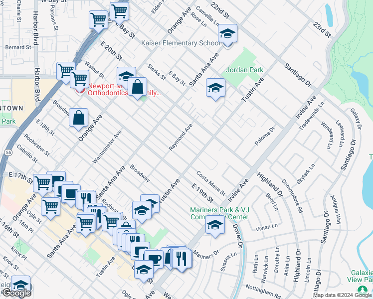 map of restaurants, bars, coffee shops, grocery stores, and more near 367 Walnut Street in Costa Mesa
