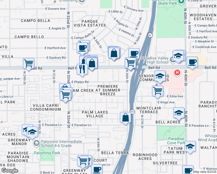 map of restaurants, bars, coffee shops, grocery stores, and more near 16609 North 34th Place in Phoenix