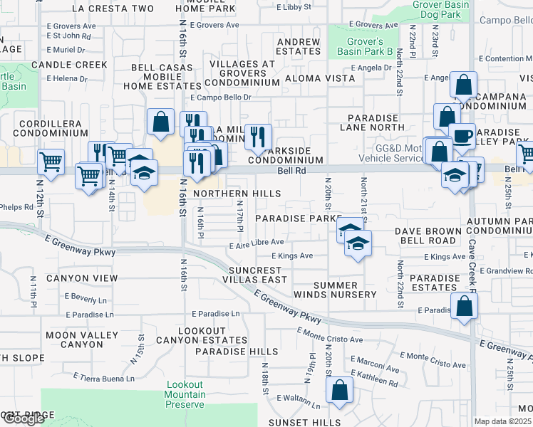 map of restaurants, bars, coffee shops, grocery stores, and more near 16626 North 19th Street in Phoenix