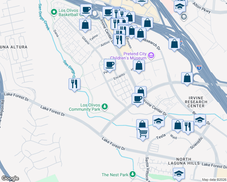 map of restaurants, bars, coffee shops, grocery stores, and more near 134 Lomita in Irvine