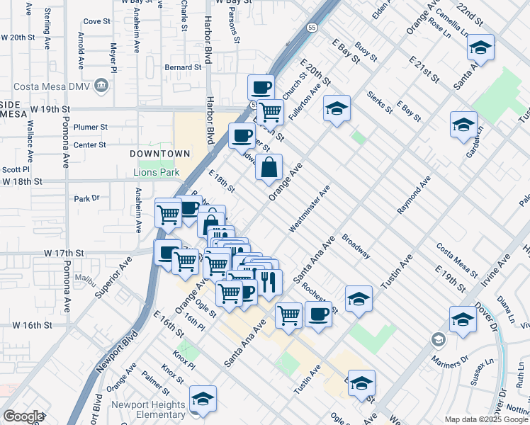 map of restaurants, bars, coffee shops, grocery stores, and more near 1789 Rogers Place in Costa Mesa