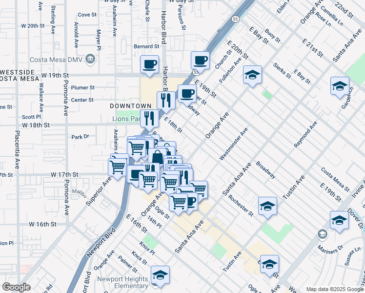 map of restaurants, bars, coffee shops, grocery stores, and more near 175 Rochester Street in Costa Mesa