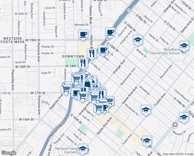 map of restaurants, bars, coffee shops, grocery stores, and more near 175 Rochester Street in Costa Mesa