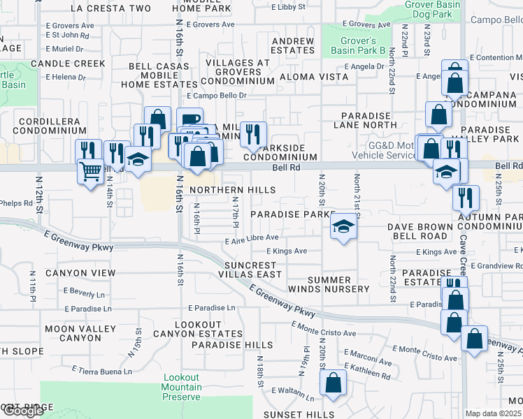 map of restaurants, bars, coffee shops, grocery stores, and more near 16626 North 19th Street in Phoenix