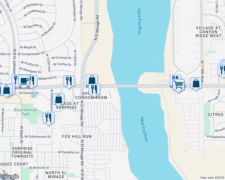 map of restaurants, bars, coffee shops, grocery stores, and more near 12123 West Bell Road in Surprise