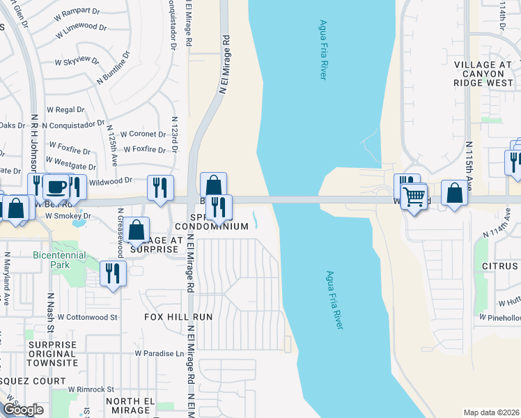 map of restaurants, bars, coffee shops, grocery stores, and more near 12123 West Bell Road in Surprise
