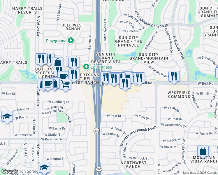 map of restaurants, bars, coffee shops, grocery stores, and more near 16625 Bell Road in Surprise