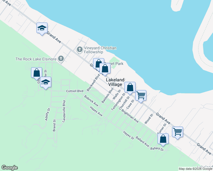 map of restaurants, bars, coffee shops, grocery stores, and more near 33093 Baldwin Boulevard in Lake Elsinore