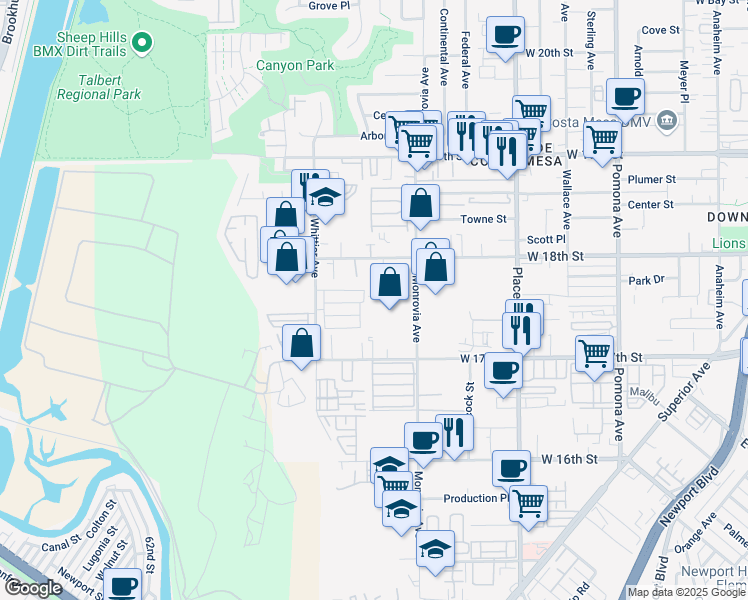 map of restaurants, bars, coffee shops, grocery stores, and more near 943 Sunset Drive in Costa Mesa