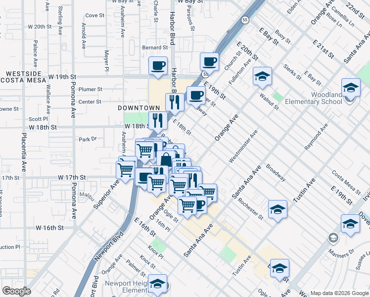 map of restaurants, bars, coffee shops, grocery stores, and more near 175 Rochester Street in Costa Mesa