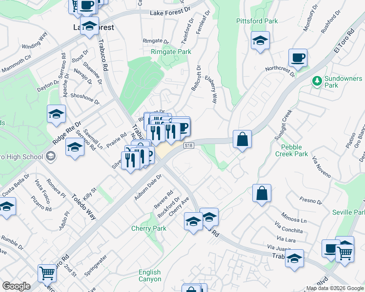 map of restaurants, bars, coffee shops, grocery stores, and more near El Toro Road in Lake Forest