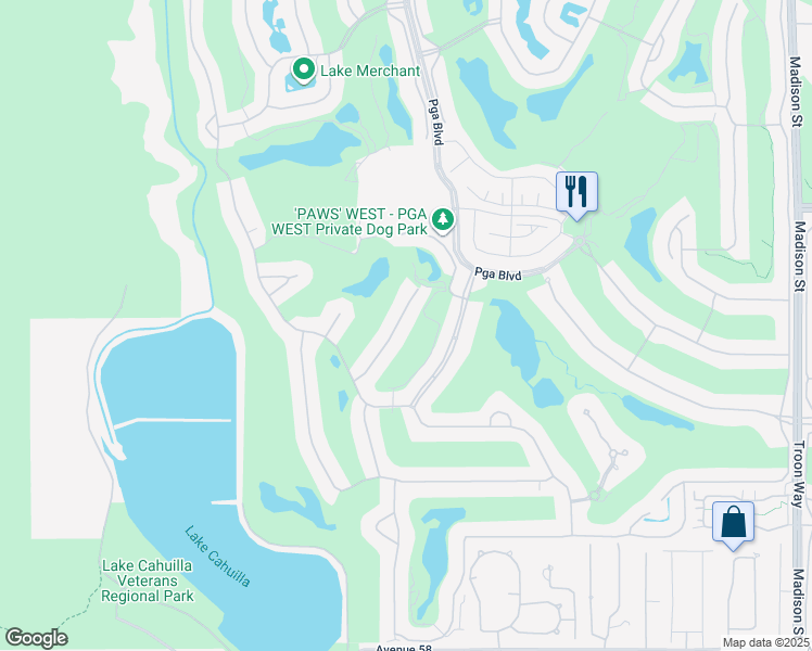 map of restaurants, bars, coffee shops, grocery stores, and more near 80585 Cedar Crest in La Quinta