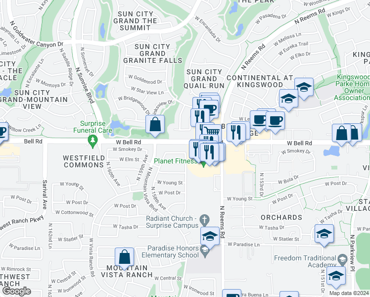 map of restaurants, bars, coffee shops, grocery stores, and more near 15704 West Smokey Drive in Surprise